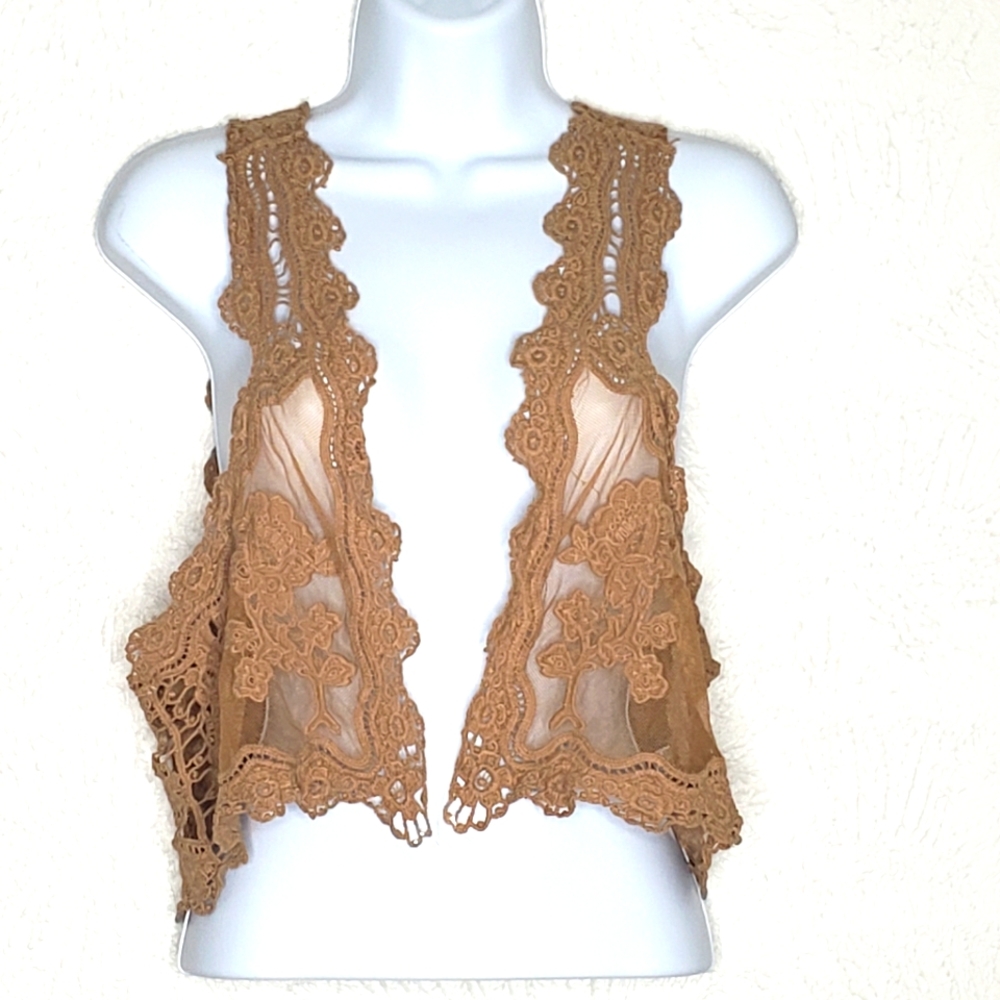 Y2K Boho Renaissance Sheer Mini Embroidered Open Vest Jacket Floral Crochet Tan